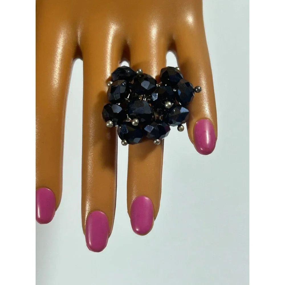 Vintage Black Beaded‎ Cluster Statement Ring Adjustable Band Y2K Goth Grunge